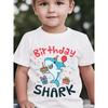 Boys Crewneck Tee, "Birthday SHARK" Letter Print Cartoon Shark With Party Hat Holding Cake & Balloons