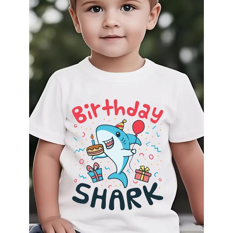 Boys Crewneck Tee,  Birthday SHARK  Letter Print Cartoon Shark With Party Hat Holding Cake & Balloons 110