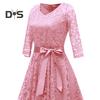 Women Prom Dress V Neck Back Zipper Bow Belt Tight Mid Waist Flower Embroidery A-line Loose Hem Long Sleeve Double Layers Elegant Party Banquet Midi