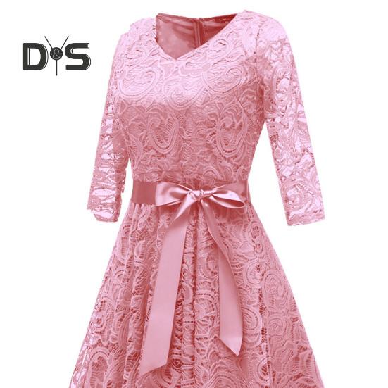Women Prom Dress V Neck Back Zipper Bow Belt Tight Mid Waist Flower Embroidery A-line Loose Hem Long Sleeve Double Layers Elegant Party Banquet Midi