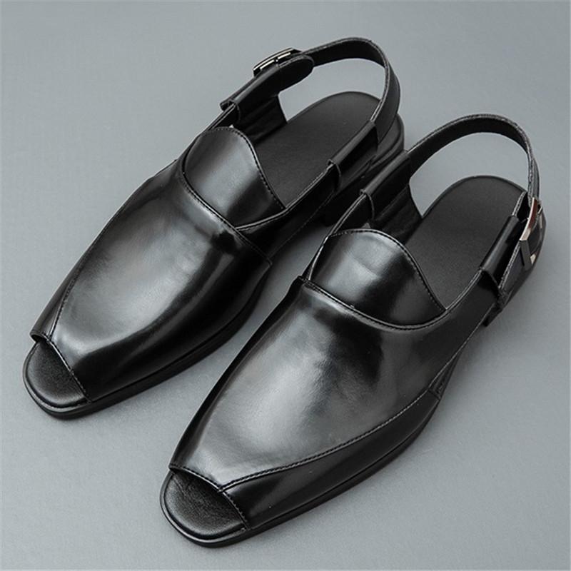 Summer New Men Gladiators Peek Toes Belt Leather Casual Shoes Breathable Beach Sandals Outdoor Slippers Brown White Plus Size