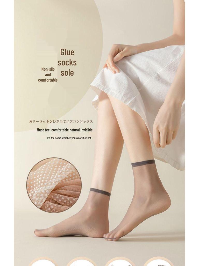 Crystal Women's Ultra-Thin Anti-Snag Mid-Calf Sheer Anti-Slip Stockings - Transparent Flesh Color for Summer