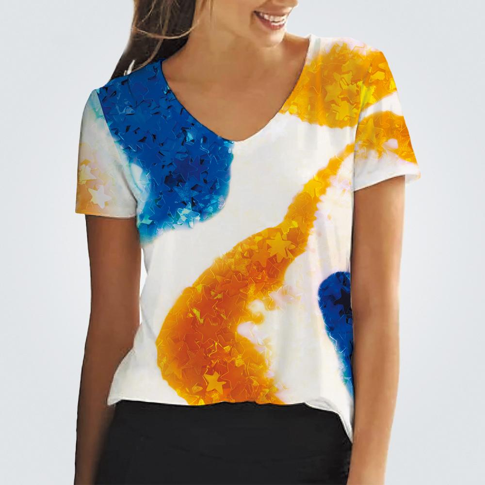 

Жіноча футболка в кислотному стилі з 3D-принтом і V-подібним вирізом із блискітками у вигляді зірок Y2K. L