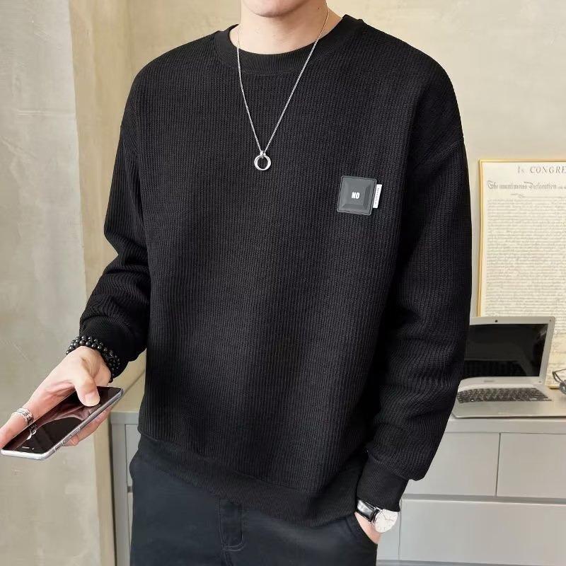 Men's Textured Solid Color Loose Round Neck Sweatshirt - Spring & Autumn Casual Style