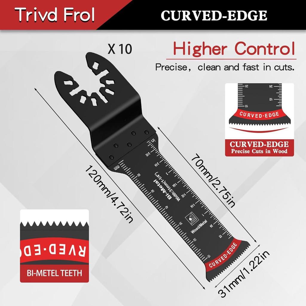 20-Piece Extra Long Oscillating Saw Blades with Arc Edge and Bimetal Japanese Teeth for Precise Wood and Plastic Cutting.