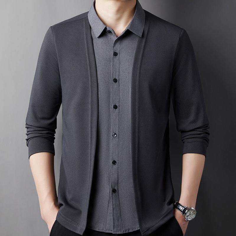 Men's Cardigan Fake Two-piece Spring and Autumn Free Long-sleeved Top Base Sweater T-shirt Skin-friendly Young Dad Men's Clothing