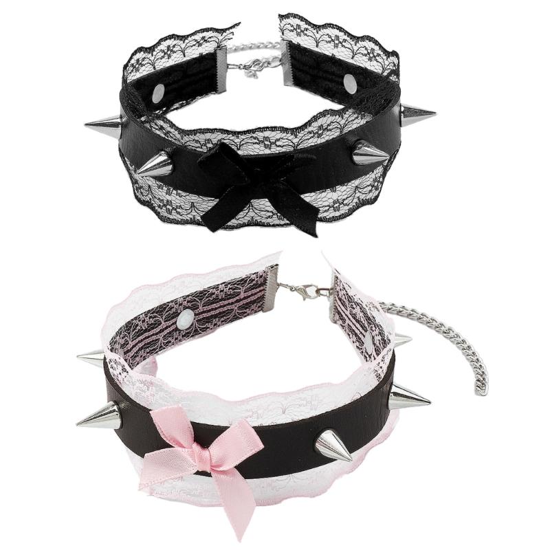 Lace Bowknot PU Pendant Short Necklace for Women Trend Cosplay Clavicle Choker Adjustable Collar Girls Party Jewelry