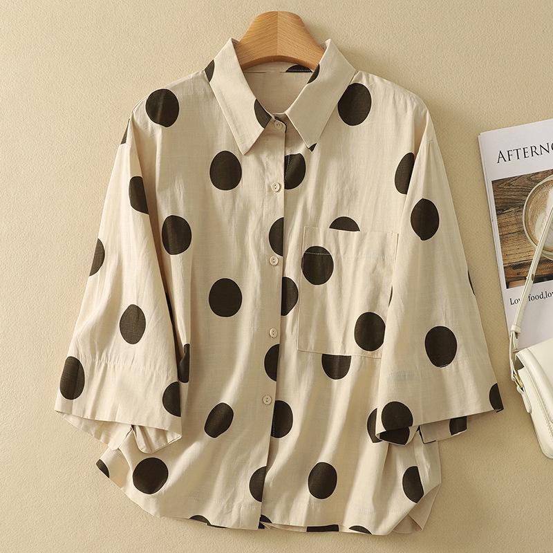 Plus Size Women s Polka Dot Retro Slimming Top – Short-Sleeved, Loose-Fit Summer Shirt L