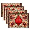 4-Pack Persian-Style Pomegranate Design Linen Table Mats, 12x18 Inch Rectangular Machine Washable Placemats for Dining