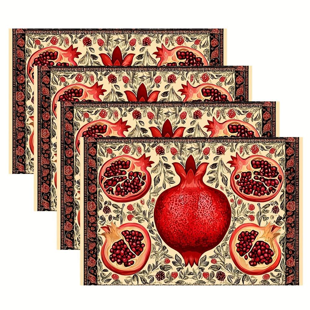 4-Pack Persian-Style Pomegranate Design Linen Table Mats, 12x18 Inch Rectangular Machine Washable Placemats for Dining