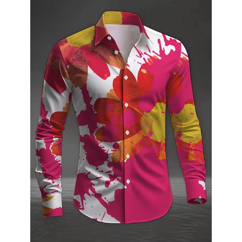 Men s long sleeved shirt, lapel shirt, men s 3D printed color splash casual long sleeved fashionable printed shirt S