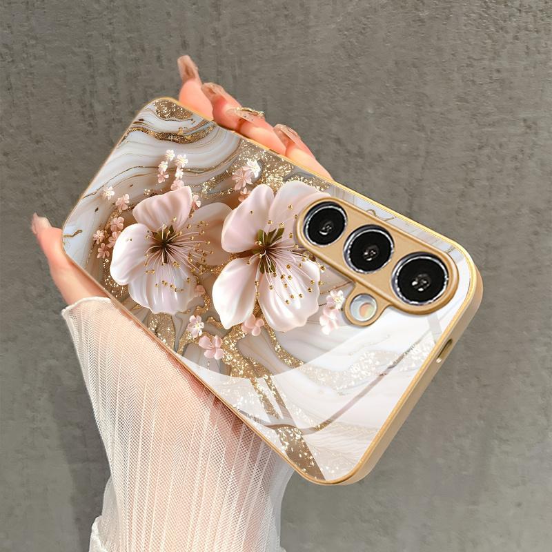 Gilded Flower Patterned Glass Phone Case Suitable for Samsung Galaxy S26 S25 S24 S22 S21 S20 FE/Ultra/Plus Anti Drop Back Cover