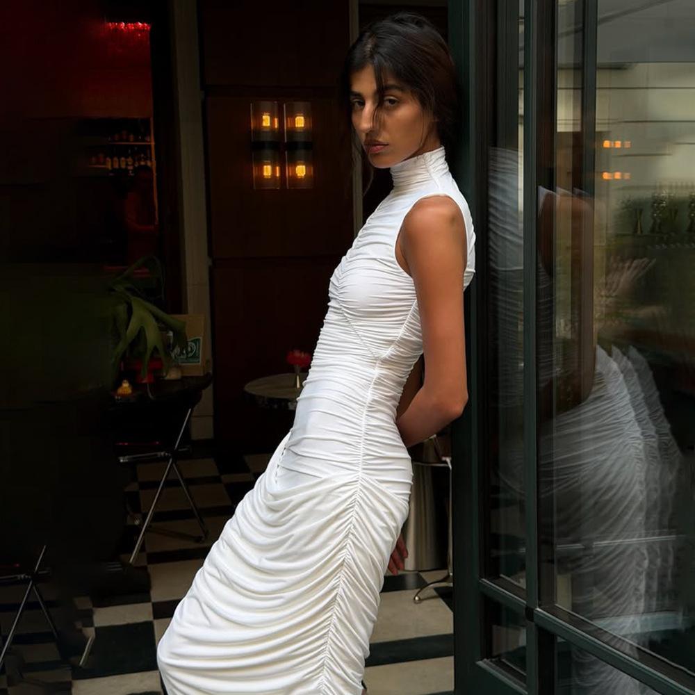 European and American Style 2026 New Turtleneck Sleeveless Pleated Long Dress Fashion Temperament Sexy Slim Dress Wholesale
