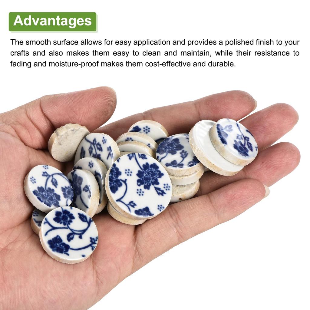 uxcell Craft Ceramic Mosaic Tiles 200g Round Blue and White Ceramic Mosaic Kit for Garden Paving Stone Cup Pads Set, Tiles,