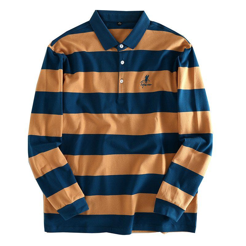 Polo da uomo a maniche lunghe con ricamo a righe, elegante top business casual, eccedenza di esportazione