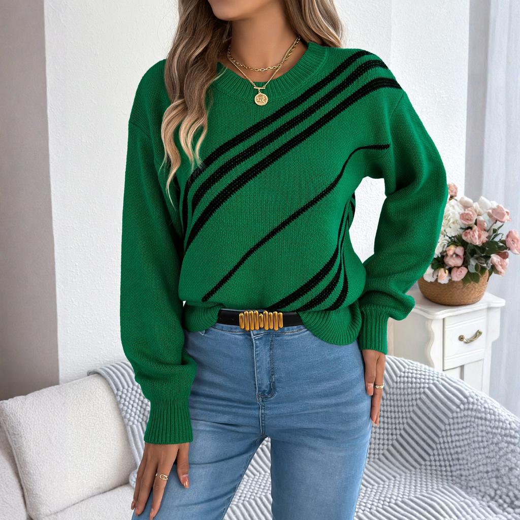 Women's Casual Striped Round Neck  Long Sleeve Pullover Sweater