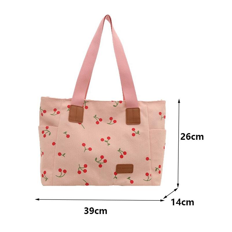 Corduroy Tote Bag Cute Cherry Patched Purse for Women Fabric Large Capacity Tote Purse Shoulder Bag Casual Underarm Bags CLE