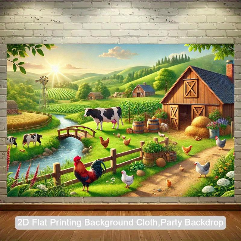 2D plane, 1 farm scene, retro farmhouse style rural landscape, party decoration suitable for birthdays and weddings