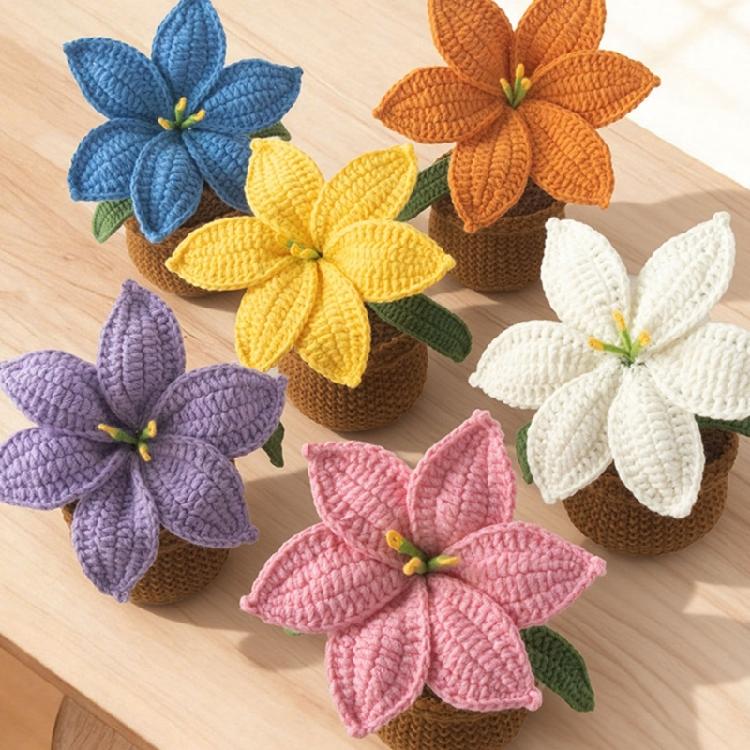 Crocheted Lilies Potted Plant Home Decors Artificial Knitted Flower Pot Ornament for Mother Day Teacher Appreciation Gift