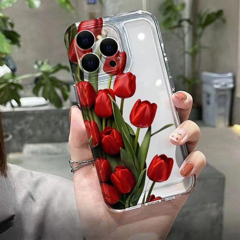 Aesthetic Red Tulip Bouquet Clear Phone Case for iPhone 17 16 Pro Max 15 Pro 14 13 12 11 16E X XR XS 7 8 Plus Protective Cover