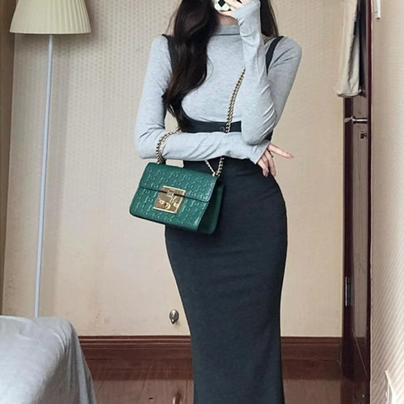 Set Fashion Straps Fishtail Long Skirt Autumn High Waist Slim Package Hip Dresses For Women