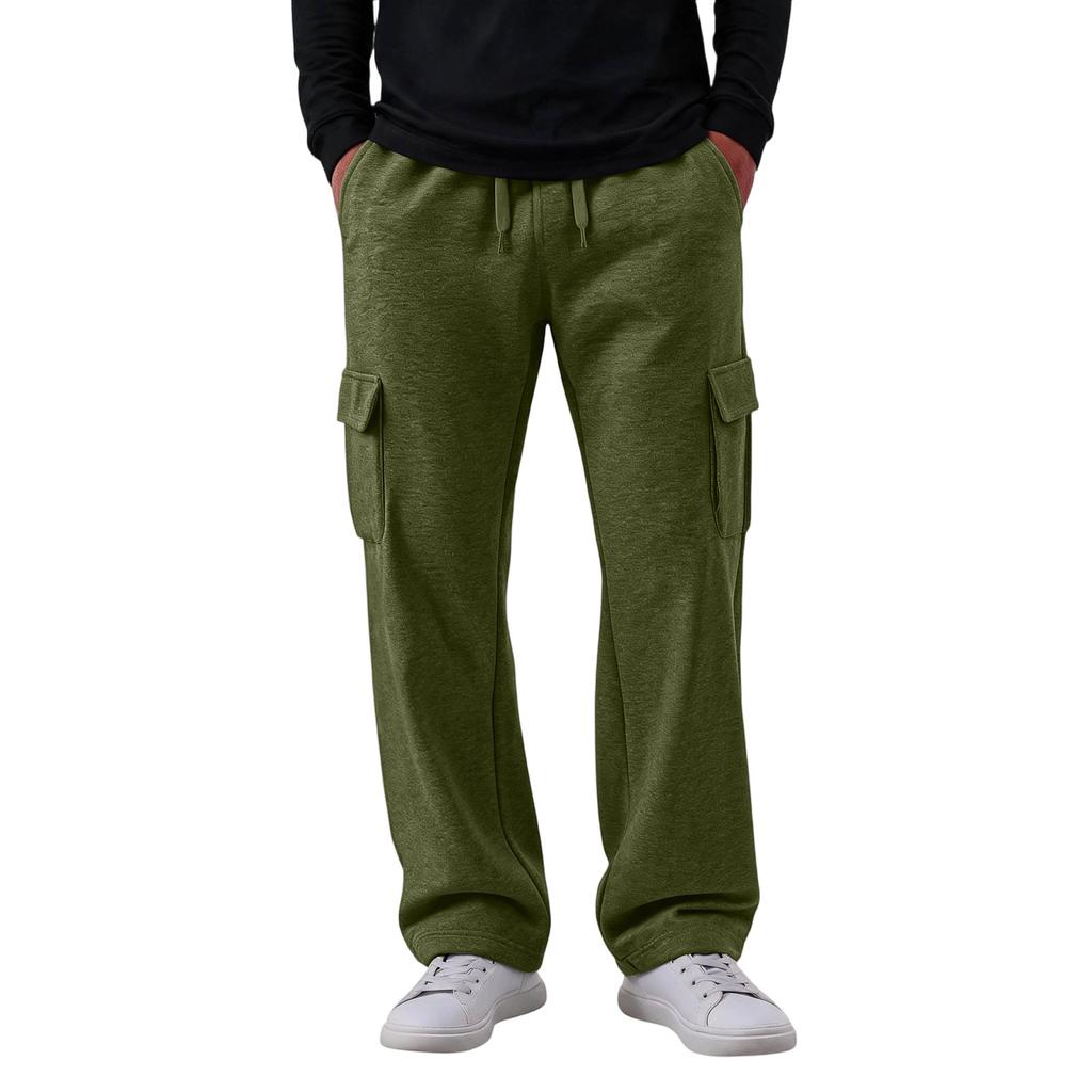 Men's Casual Cargo Pants with 4 Pockets, Elastic Waist with Drawstring, Loose Fit Straight Leg Pants for Everyday Wear