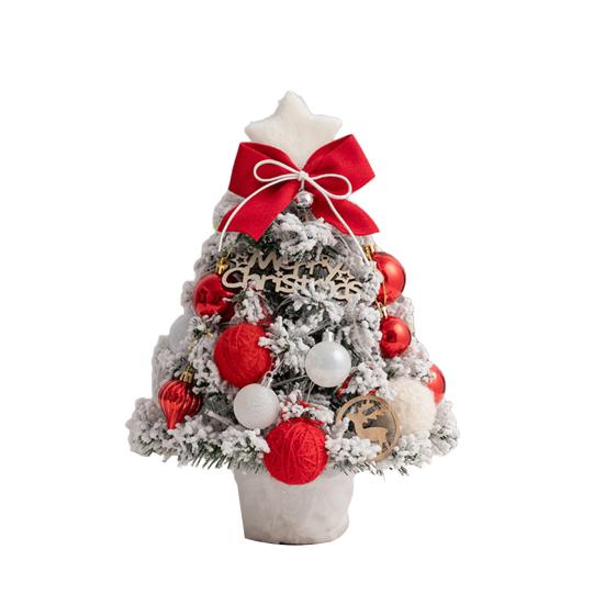 Mini Snow Flocked Christmas Tree Tabletop Artificial Christmas Tree with LED Lights Small Pine Tree with Balls And Bow for Desk Windowsill Decor