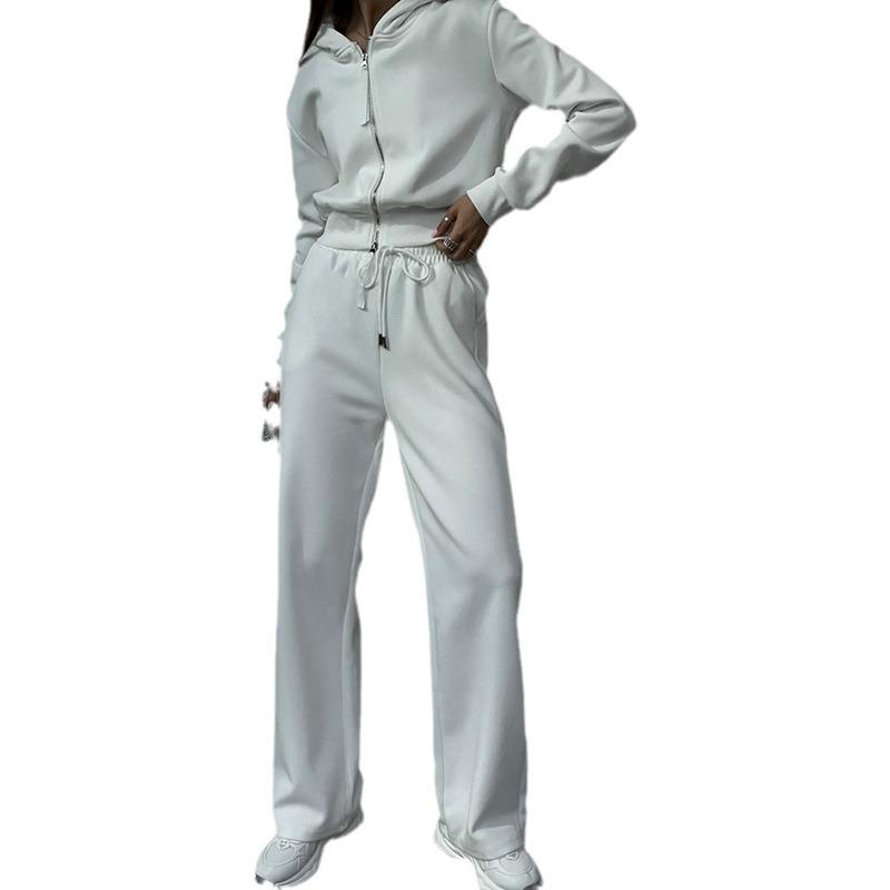 European and American New Fashion Women's Suit Solid Color Long-sleeved Zipper Hoodie Casual Lace-up Sports Trousers