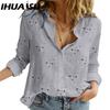 IHUASU Women's Fashion Casual Spring Autumn Long Sleeve POLO Neck Blouses & Shirts