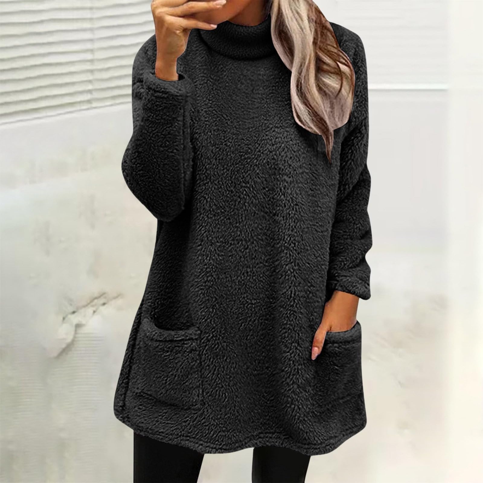 

Женские толстовки с воротником-стойкой, осенне-зимний теплый свитер, туника большого размера, пуловеры с карманами L чёрный