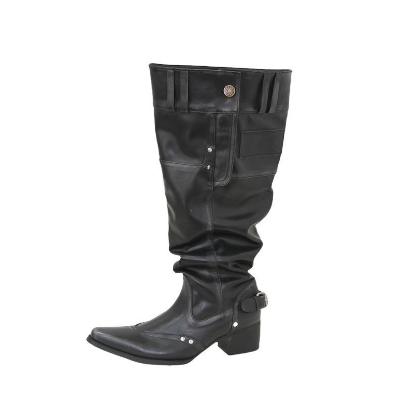 

Sheepskin version~ pointed western cowboy boots, thin retro pleated piled boots, women s thick heel temperament but knee boots 35