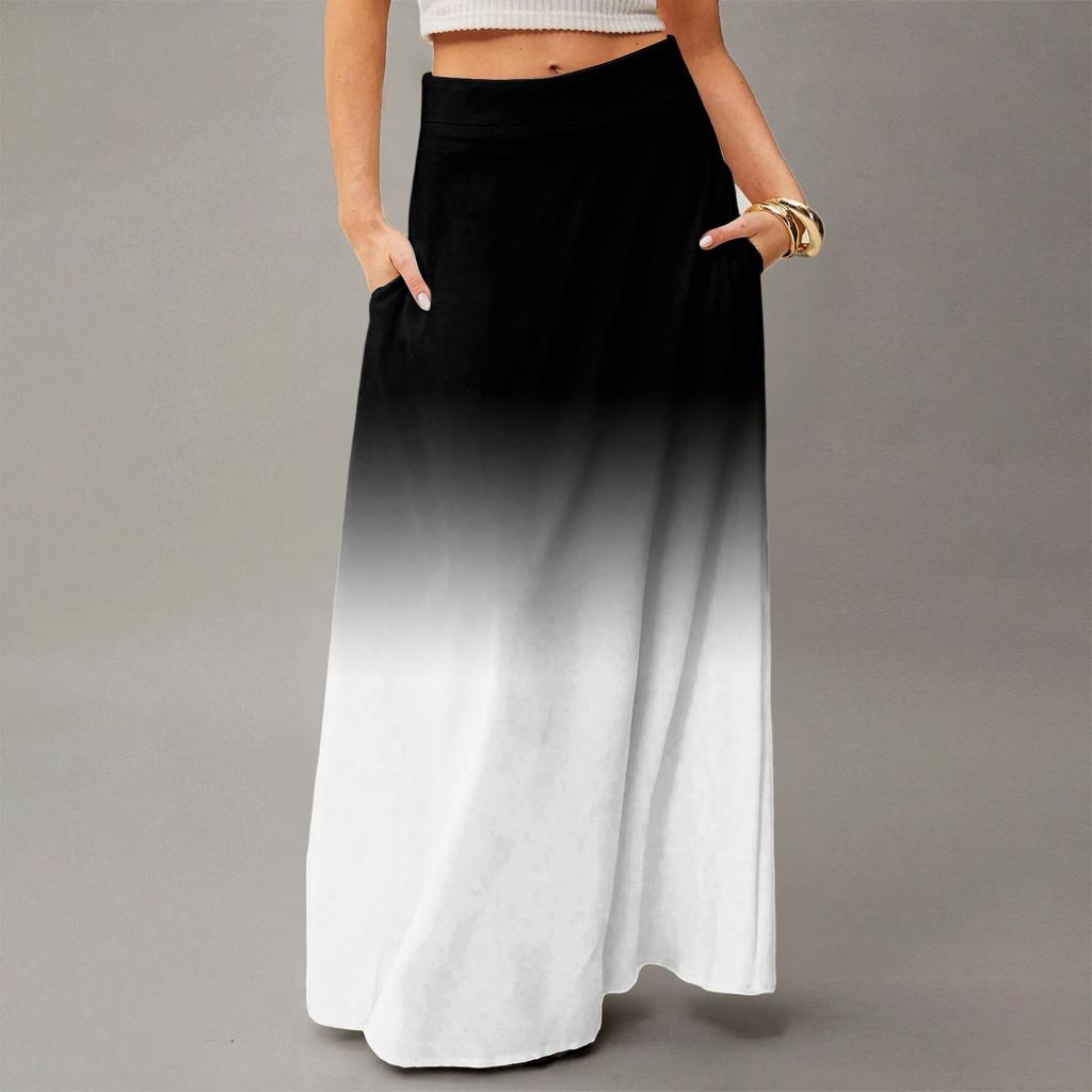 Damen Lässig Freizeit Faltbar Farbverlauf Druck Hohe Taille Mit Tasche Drapierter Entspannter Langer Maxi Rock