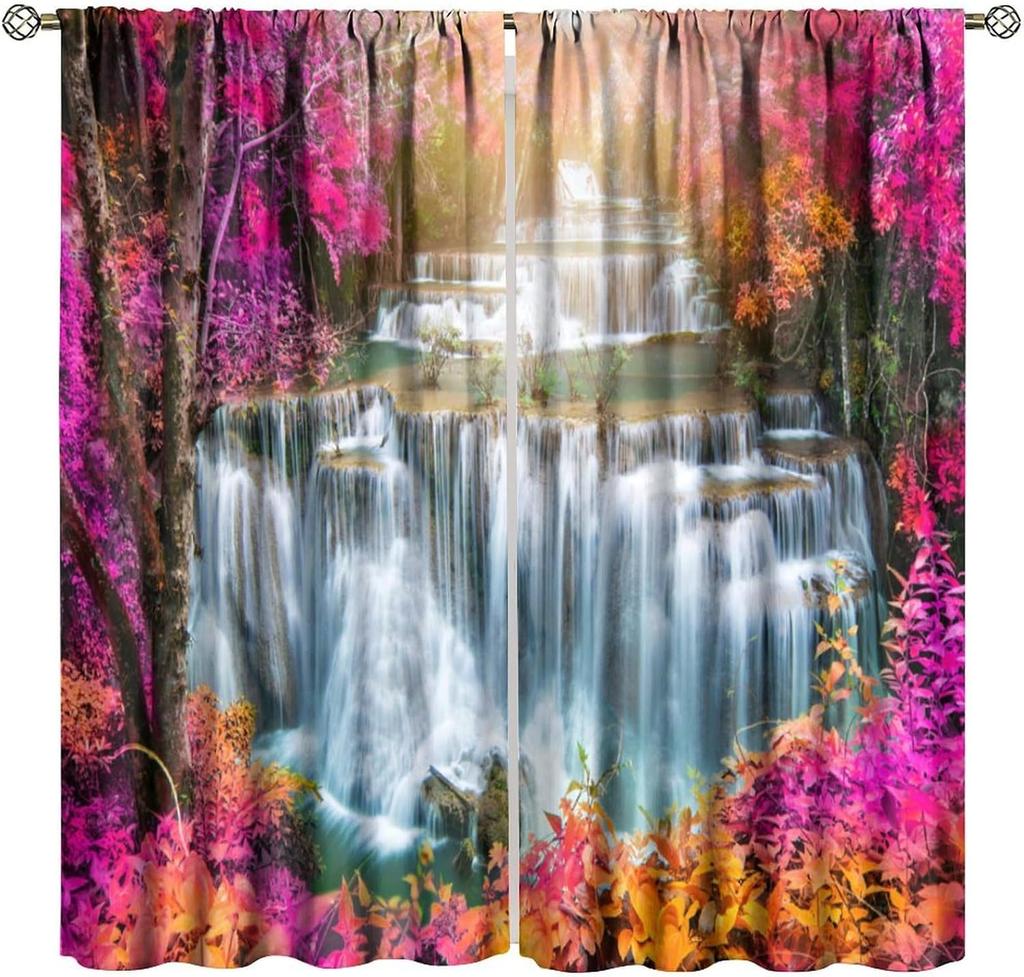 Blackout Red Forest Waterfall Windows Curtains Tree Landscape Woodland Scenic Nature Fall Scenery Art Printed Curtain Made Of Polyester Washable