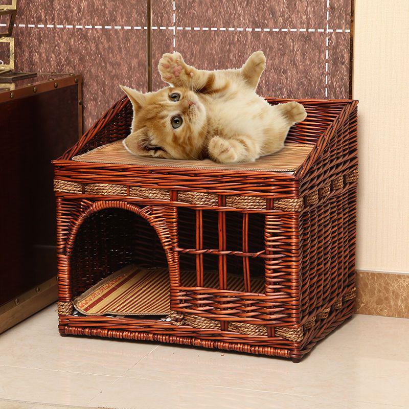 Four Seasons Universal Cat House – Enclosed Rattan Weaving Villa for Cats