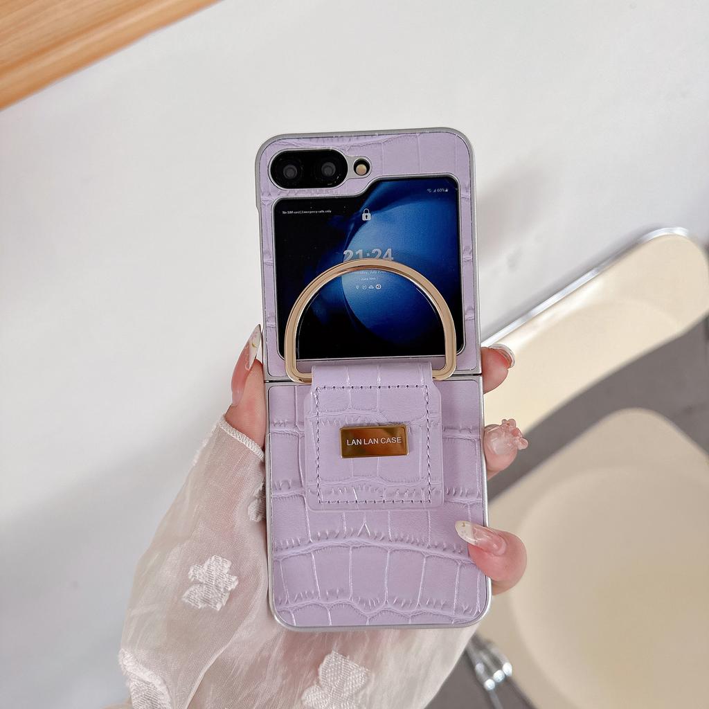 Hand Carry Ring Folding All-Inclusive Protective Cover for Samsung Z Flip7/6 Z Flip3/4/5 Crocodile Pattern PU Leather Phone Case
