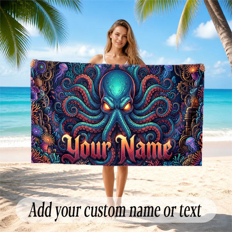 Octopus Sea Life Theme Soft Beach Towel Personalized Custom Name Text Towel Portable for Beach Pool Travel