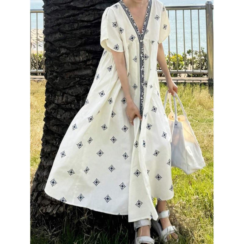 European Bohemian vacation style floral loose casual v-neck short-sleeved long dress women S
