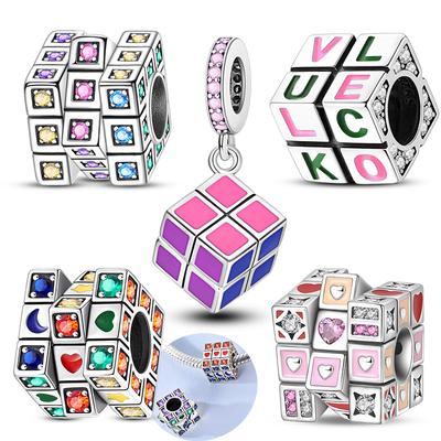 Genuine Copper Charms Beads Rotatable Colorful RubikS Cube Beads Fits Genuine Bracelets For Women DoItYourself Jewellery Gifts