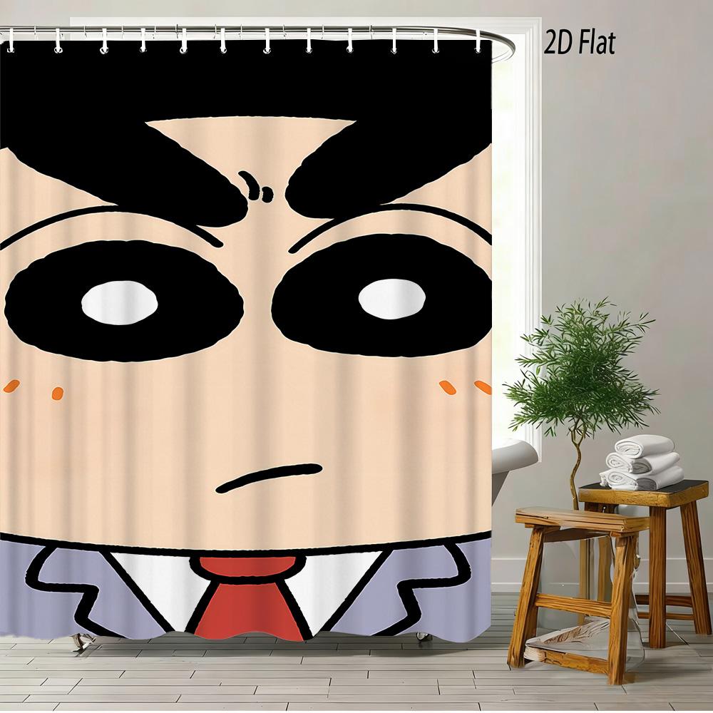 Crayon Shin-Chan Running & Cheering On Mountain Top 2D Print Waterproof Shower Curtain, Minimalist Blue Sky Bathroom Decor With