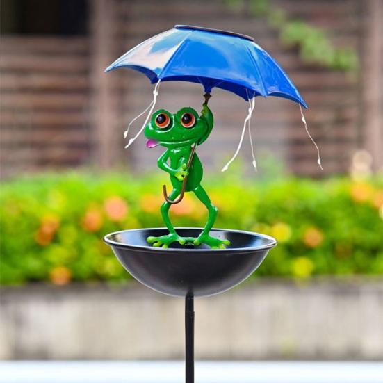 Solar Bird Feeder Stake Outdoor Garden Patio Yard Holding Umbrella Frog Fox Snowman Turtle Bird Bath Watering Station Feeding Device with Light