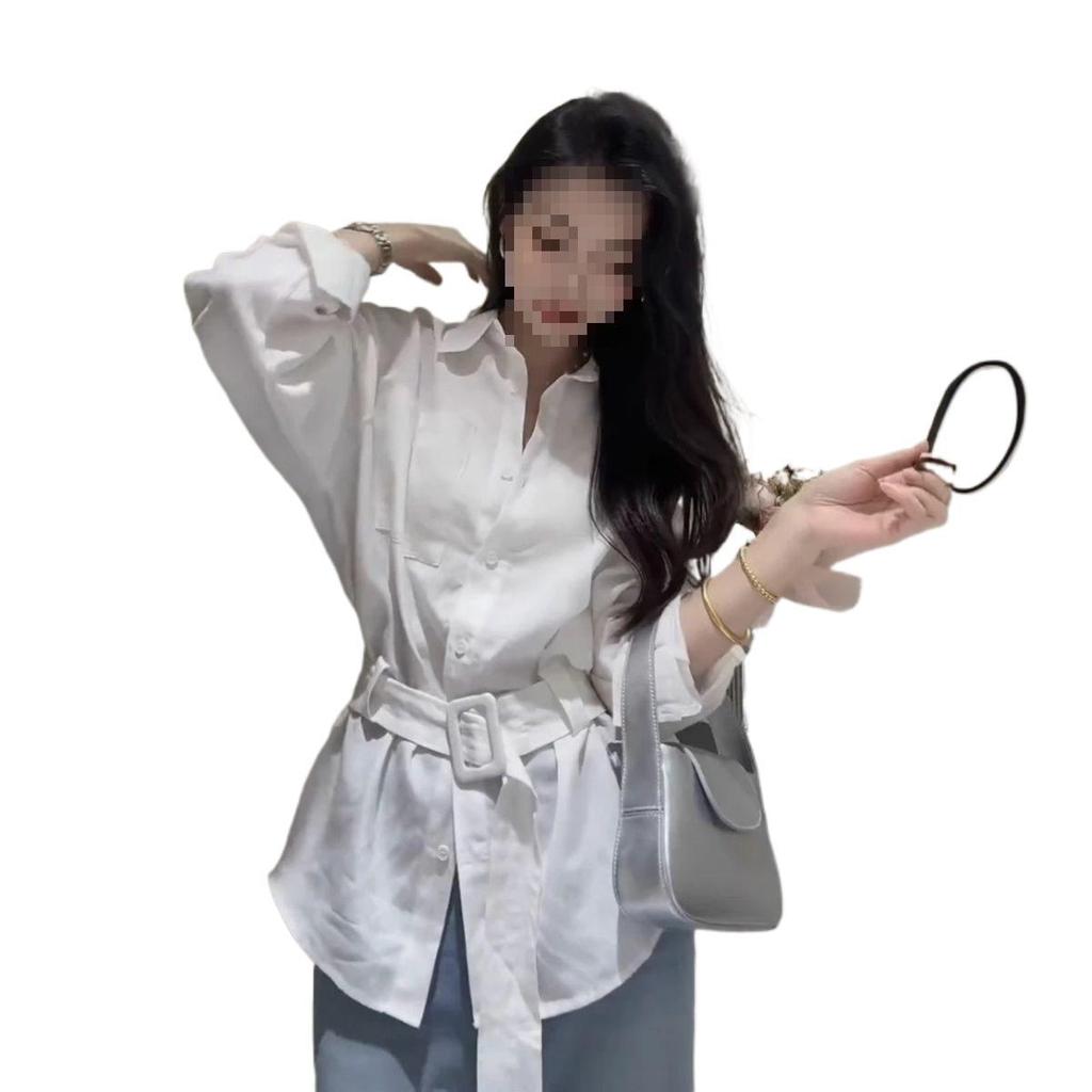 Korean Design Waist-Cinched Slimming Shirt with Belt - Spring/Summer 2025 Women's Casual Top