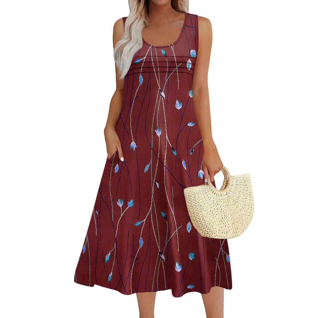 Women's Fashion Round Neck Sleeveless Pleated Beach Dress With Pockets Long Floral Dresses
