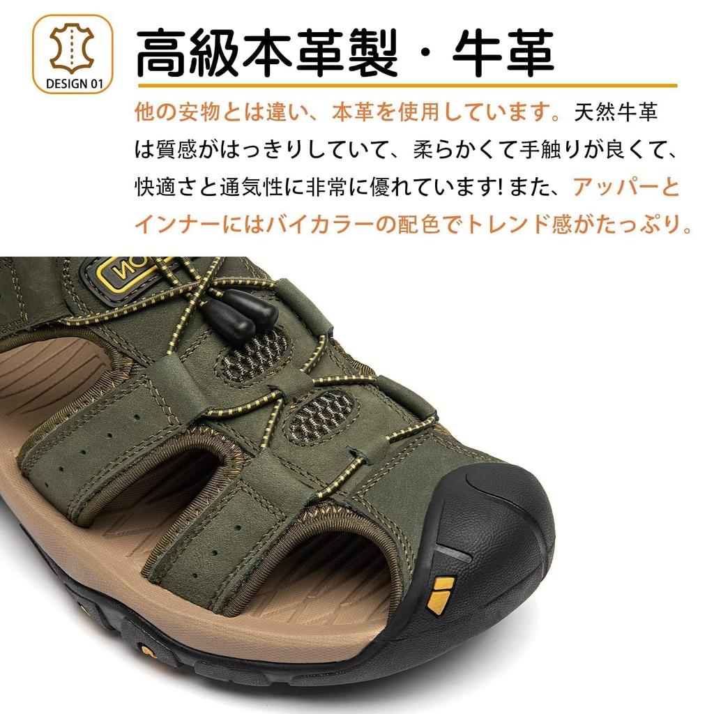 STRDEOUT Sports Genuine Comfortable for and the Summer Velcro Breathable Toe Army Size cm Men's Sandals, Leather, Amphibious, Walking, Fishing, Sea,