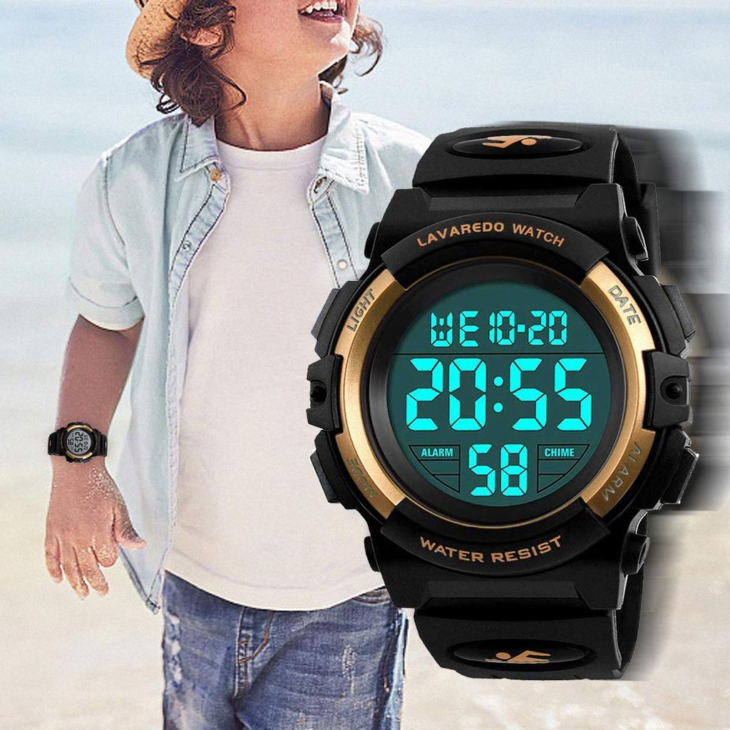 Klokke Gutter Digital Gutter Sportsklokke Utendørs Multifunksjonell 50m Vanntett Varsling Dato Dag Visning Dobbel LED Analog Display Barne (Gull)