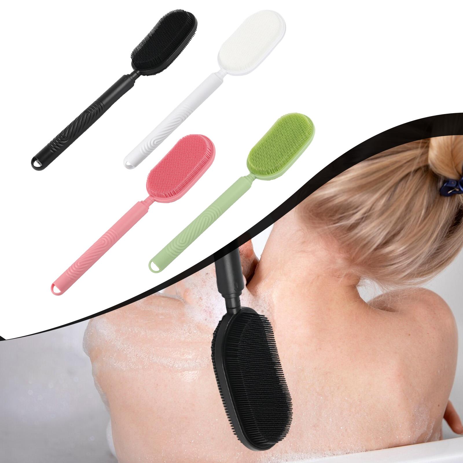 Silicone Back Scrubber Adjustable Handle Bath Brush Anti Slip Shower Cleaner Double Sided for Elderly Men Women bianco