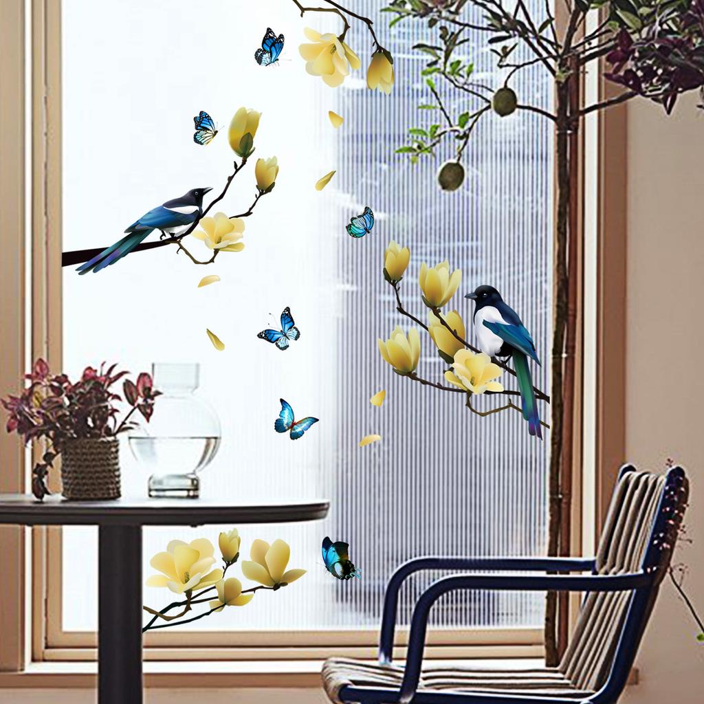 Tree Branches, Flowers and Birds, Electrostatic Glass Stickers, Wall Stickers, Living Room Creative Decoration Stickers, Wall Stickers, Self-adhesive