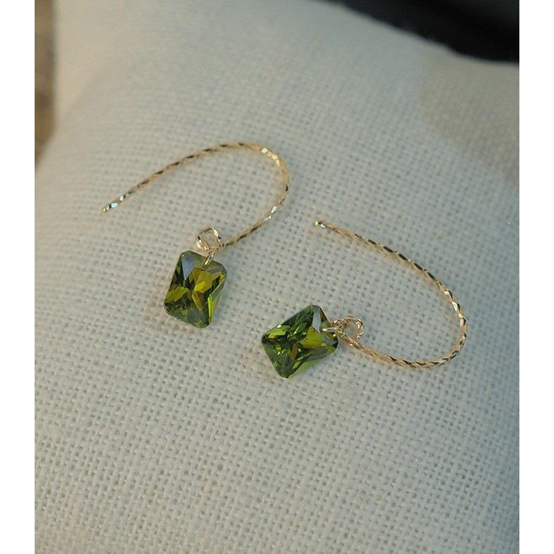 14K Gold-Plated Olive Green Zircon & Sterling Silver Ear Hooks - Elegant Retro Style Earrings for Women Platinum Pair