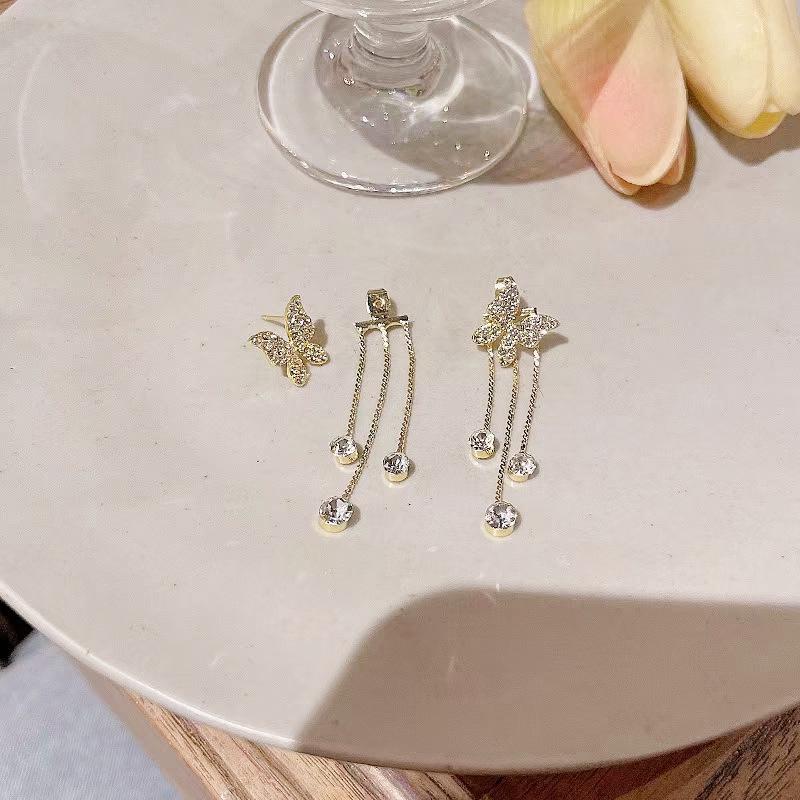 2023 Trendy Korean Rhinestone Butterfly Tassel Crystal Stud Earrings