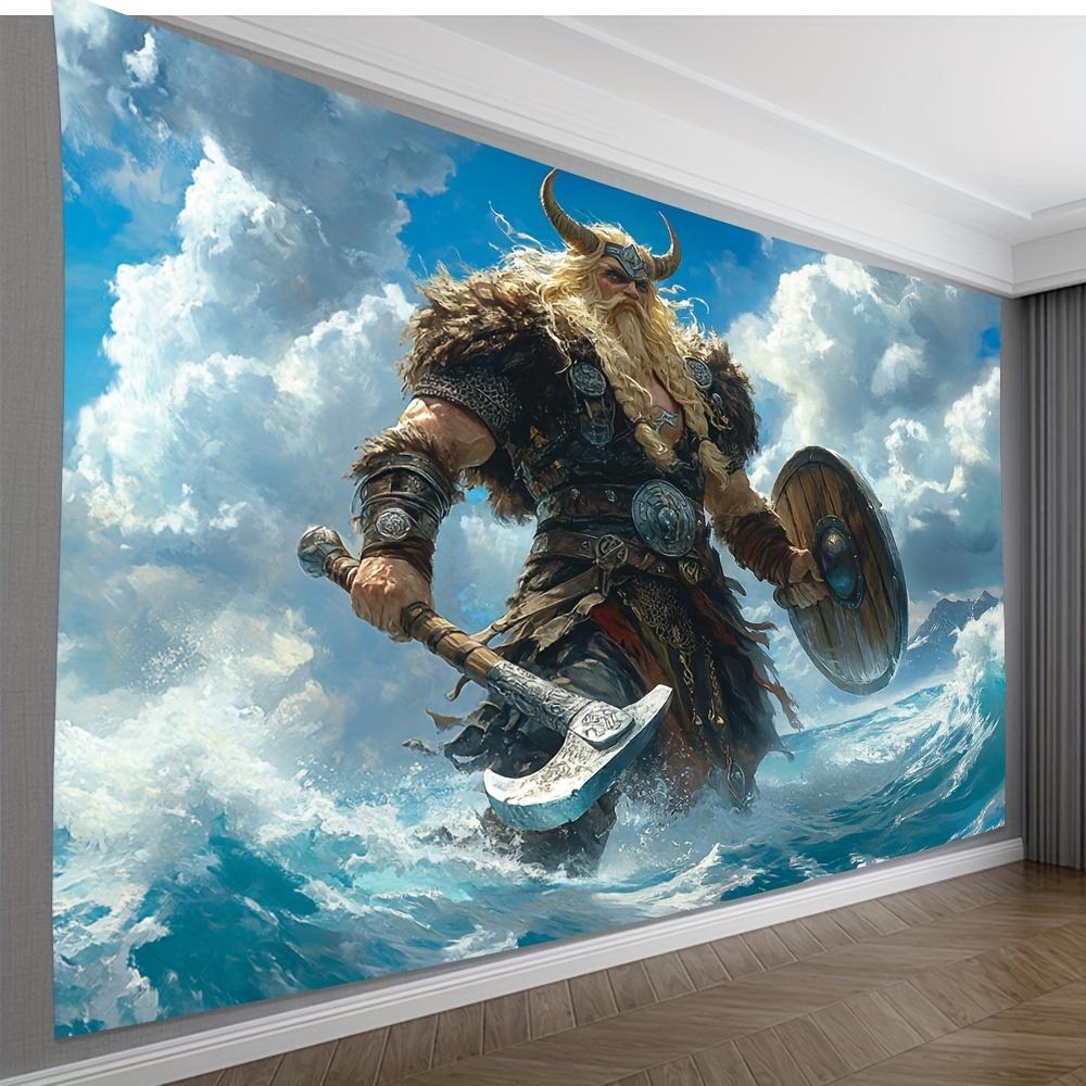 Viking Warrior Tapestry, Norse Hero With Axe And Shield In Ocean Waves, Fantasy Battle Wall Hanging For Bedroom Living Room
