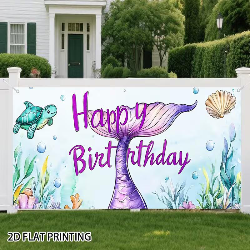 

2D Purple Mermaid Happy Birthday Banner with Underwater Elements 47.2x31.5inch/120*80cm